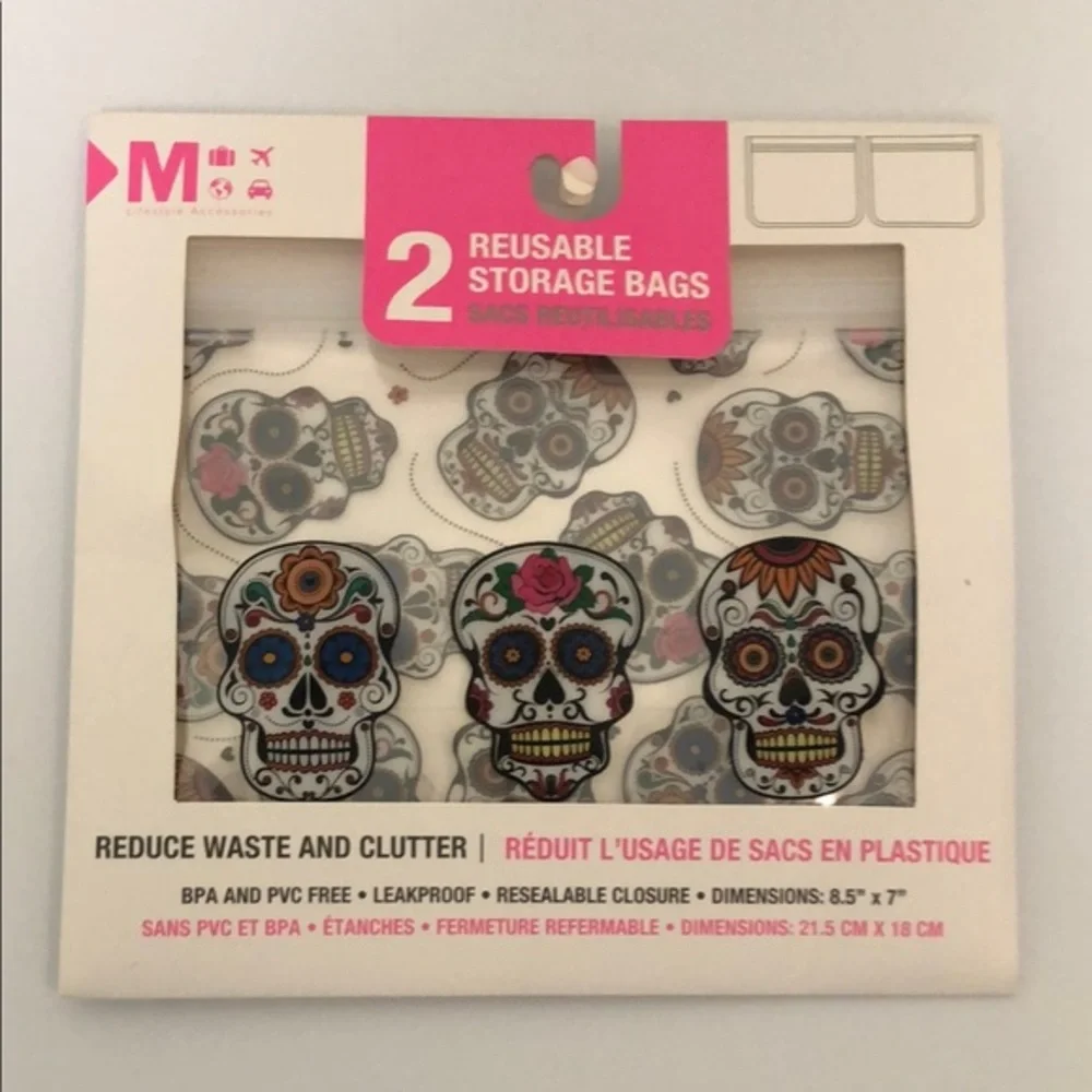 Sugar Skull nwt Reusable Storage Bags Halloween 8.5 x 7 “ - Picture 1 of 4